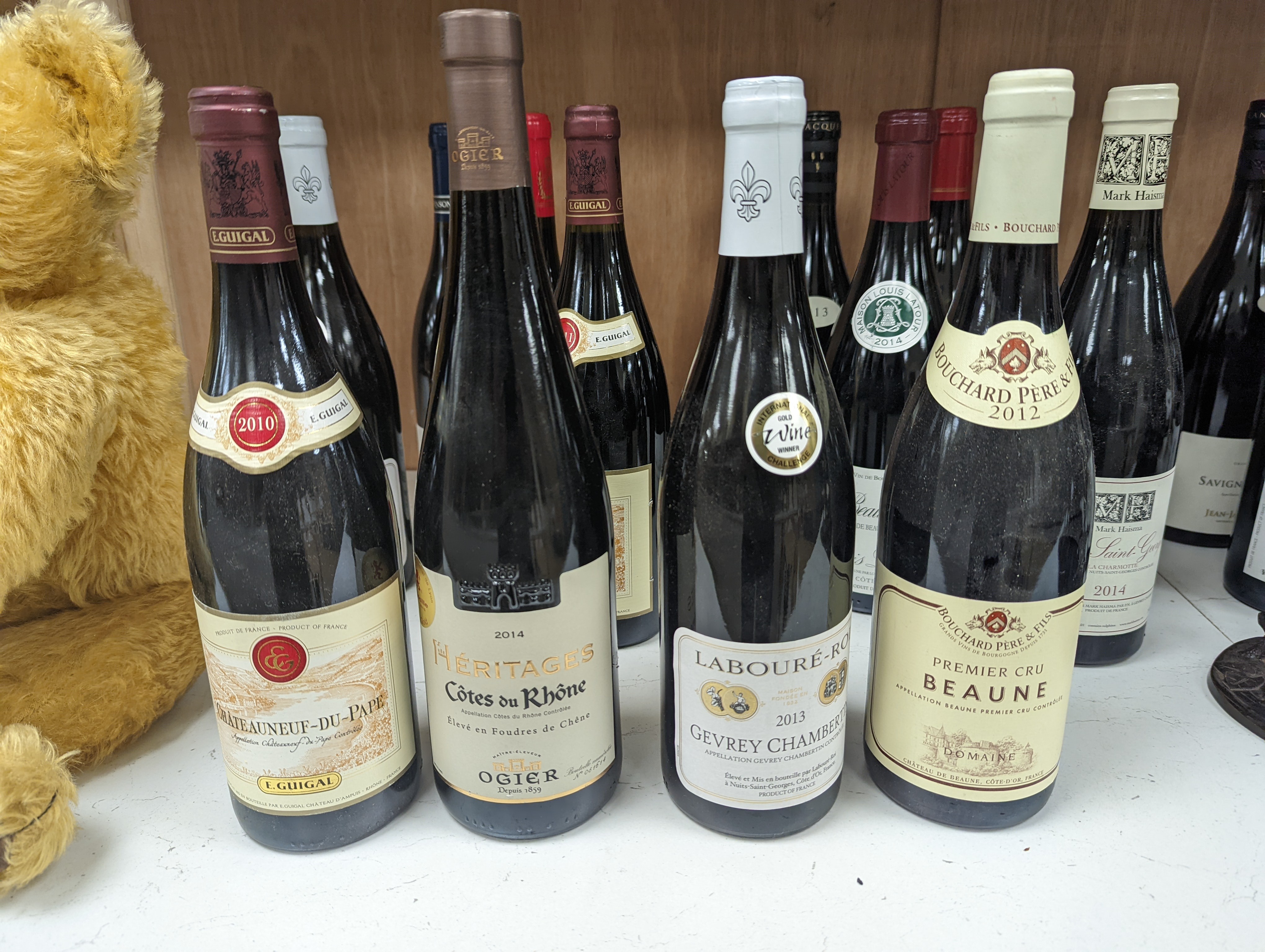 Sixteen assorted red burgundy wines etc. including Cote Rotie, 2011, Nuits St Georges, 2013, Gevrey Chambertin Laboure Roi, 2013, Savigny Les Beaune, 2013(2) and Chateauneuf Du Pape, 2010.